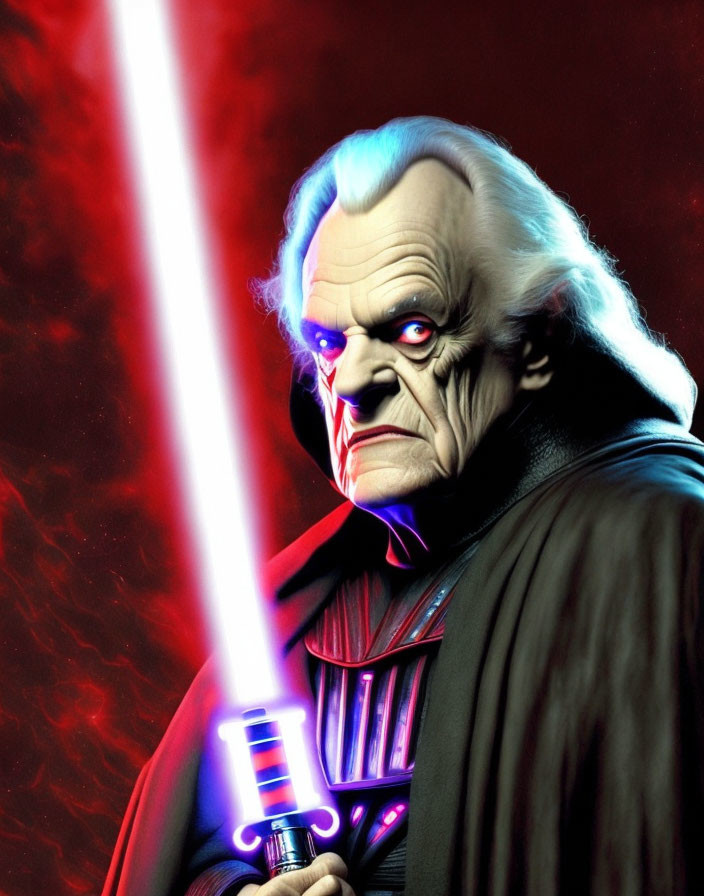 Serious character with red lightsaber on red-black gradient background