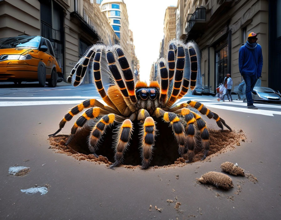 Giant Photoshopped Tarantula in City Street Scene