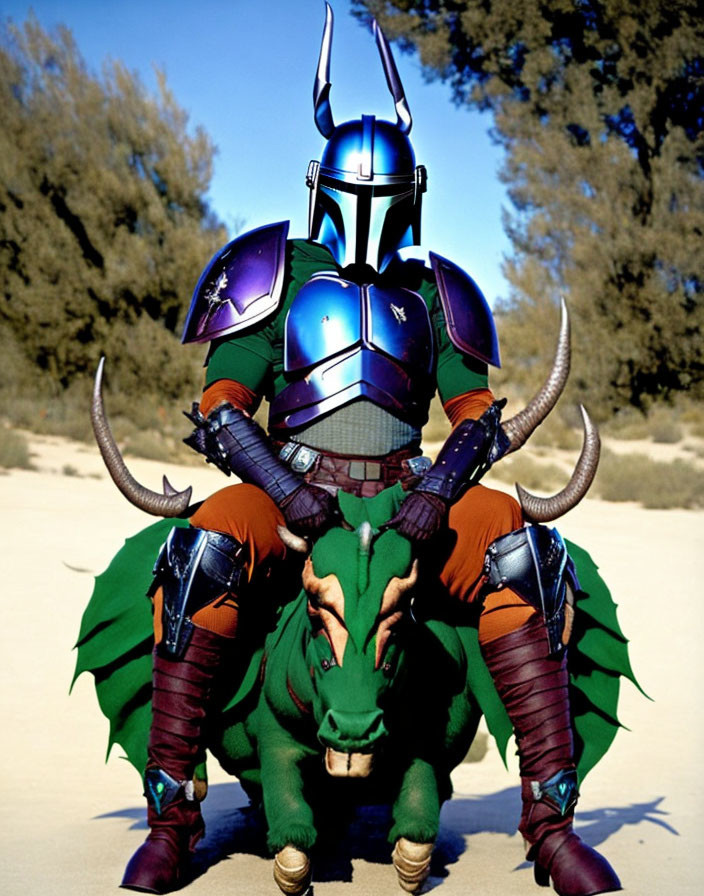 Elaborate Samurai-Futuristic Armor with Green Cape in Sandy Setting