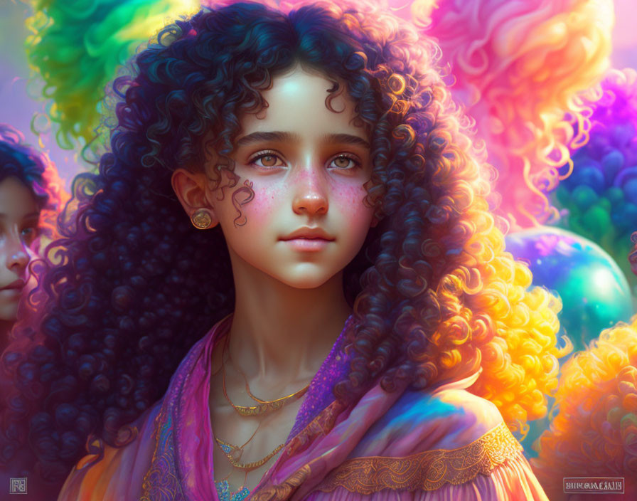 Colorful digital artwork features girl with curly hair and captivating eyes.