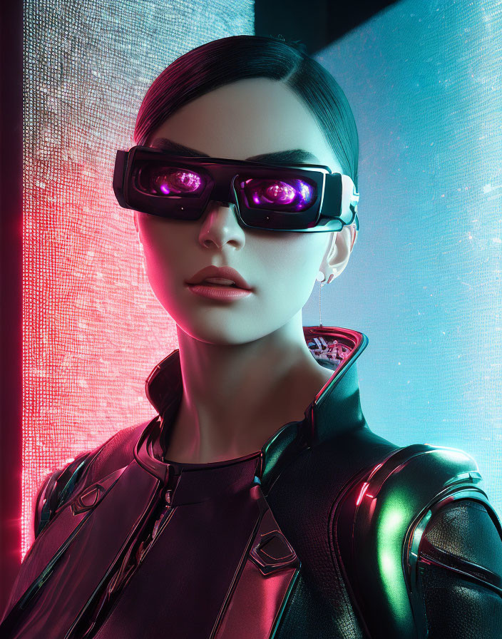 Futuristic woman with oversized glasses in purple glow against neon backdrop