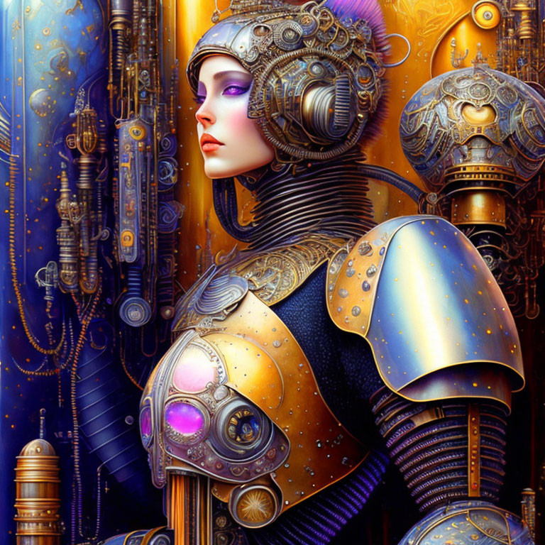 Detailed Female Robot in Gold & Silver Armor Amid Gears