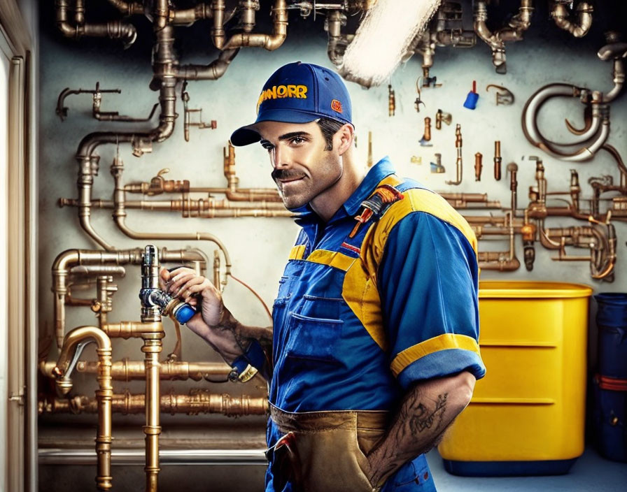 Man in Blue and Yellow Uniform with Wrench by Pipes