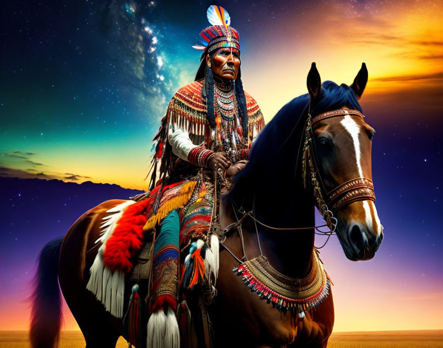 Native American person in regalia on horse under vibrant sunset and starry night.