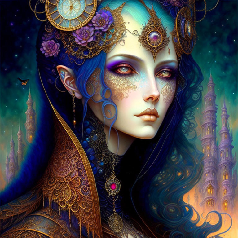 Fantasy digital artwork: Blue-skinned female figure with golden headpiece and intricate tattoos, set against