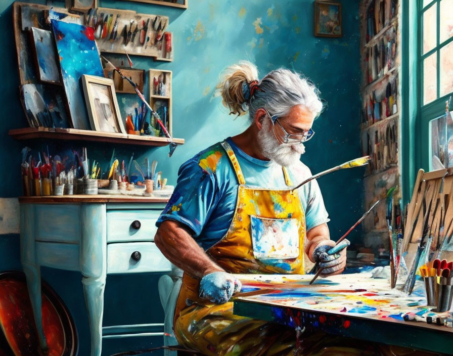 Elderly artist painting in colorful sunlit studio