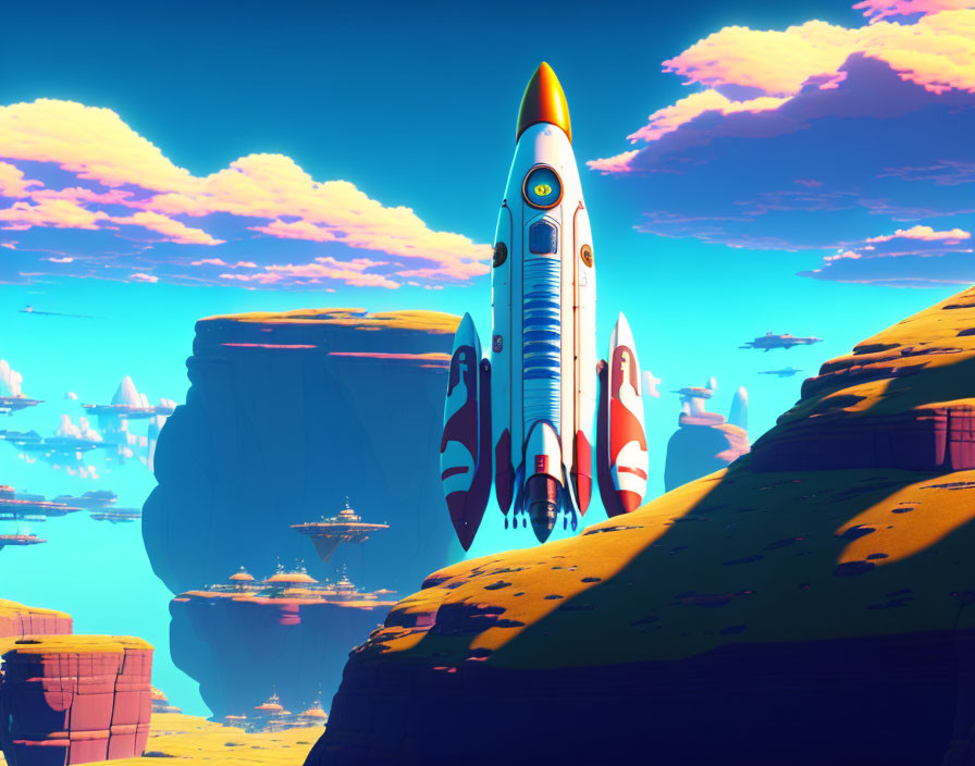 Colorful Rocket on Alien Landscape with Floating Islands