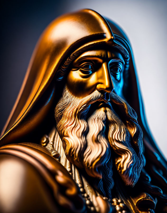 Detailed Bearded Figure Statue in Robes with Solemn Expression