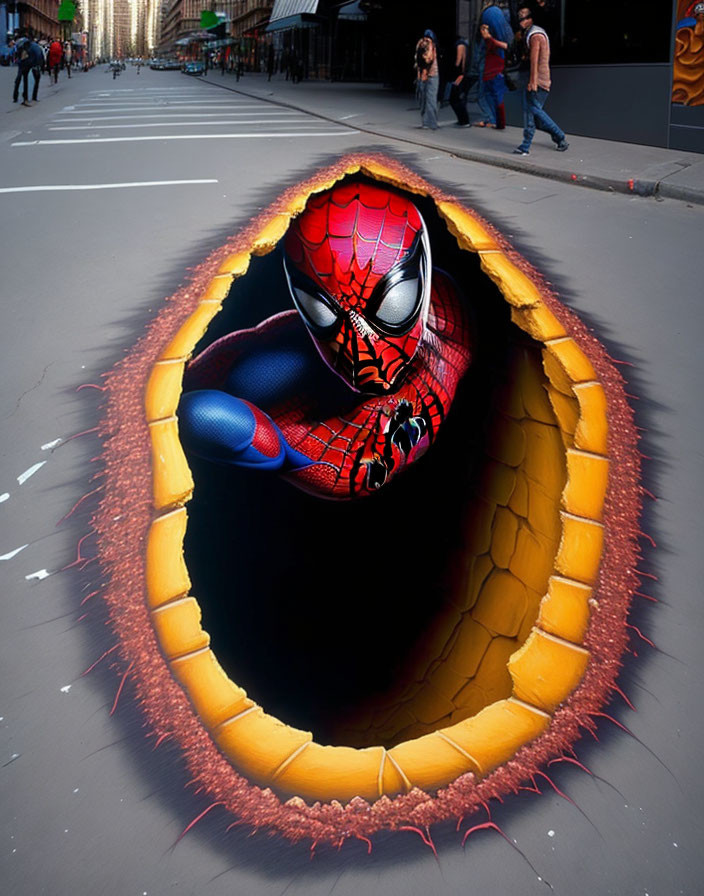 Spider-Man 3D street art with circular illusion and pedestrians