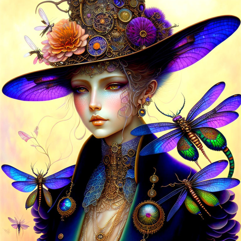 Fantastical steampunk-themed woman with butterflies and jewelry on golden background