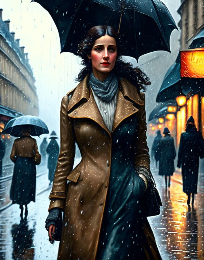 Dark-haired woman in beige trench coat under black umbrella on rainy city street