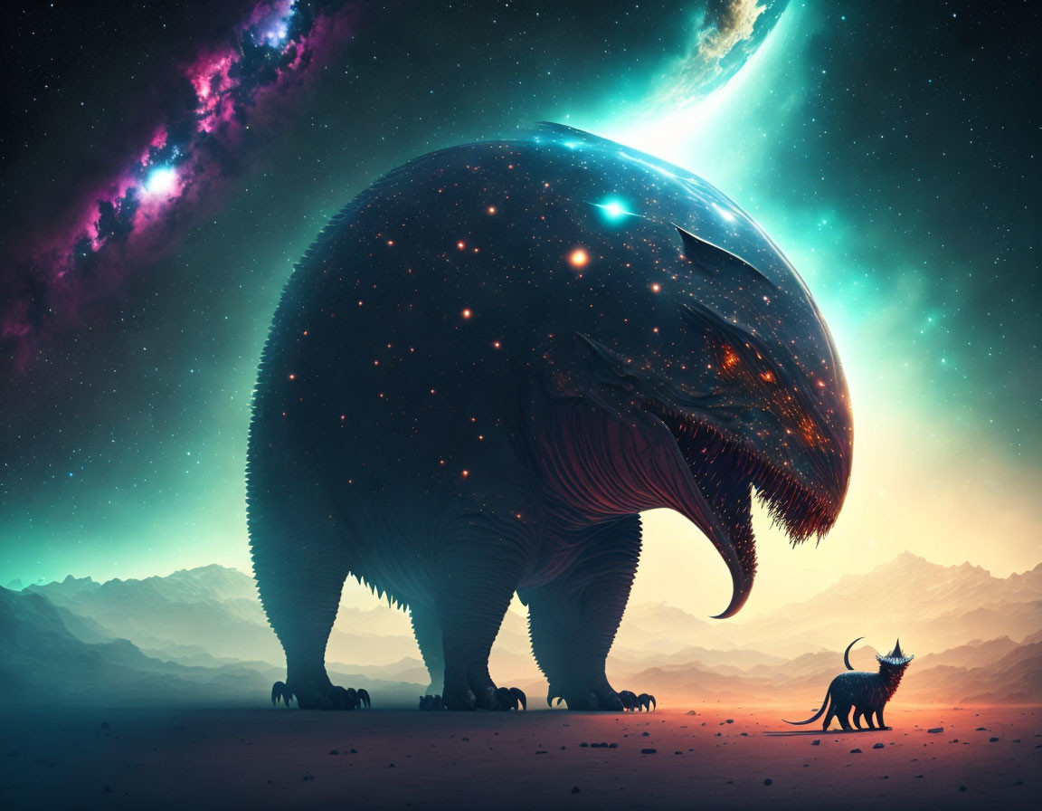 Giant starry dinosaur in surreal cosmic landscape