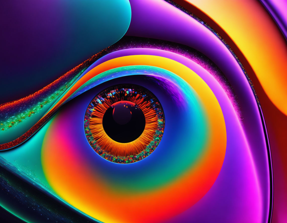 Colorful Abstract Swirls with Central Eye Pattern in Rainbow Hues