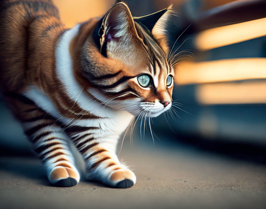 Striped Cat with Captivating Eyes in Warm Light