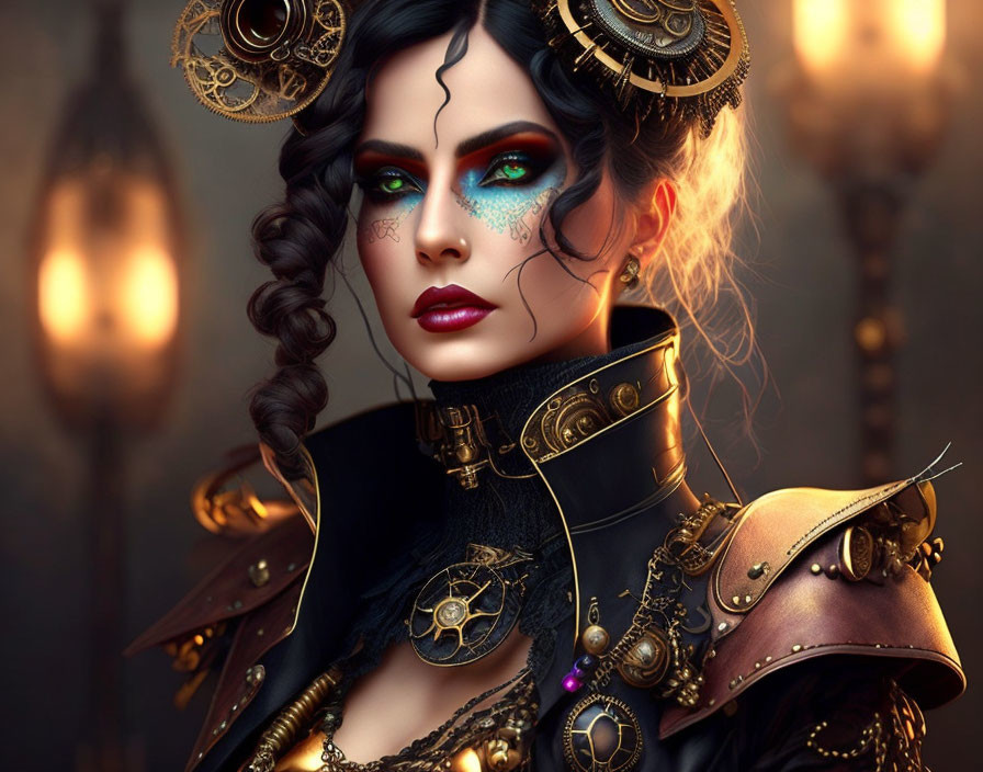 Steampunk-themed woman with mechanical accessories and dark makeup by glowing lanterns