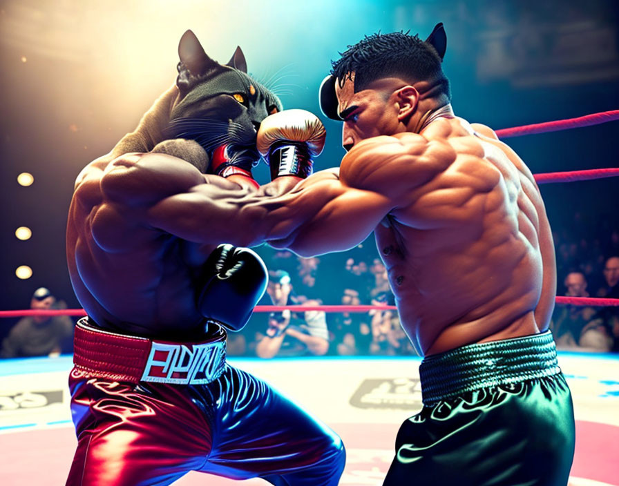 Boxer and anthropomorphic cat boxing in ring with crowd