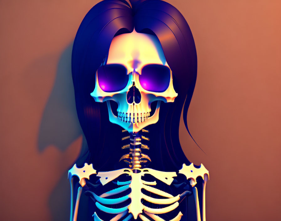 Stylized skeleton with dark hair wig and sunglasses on brown background