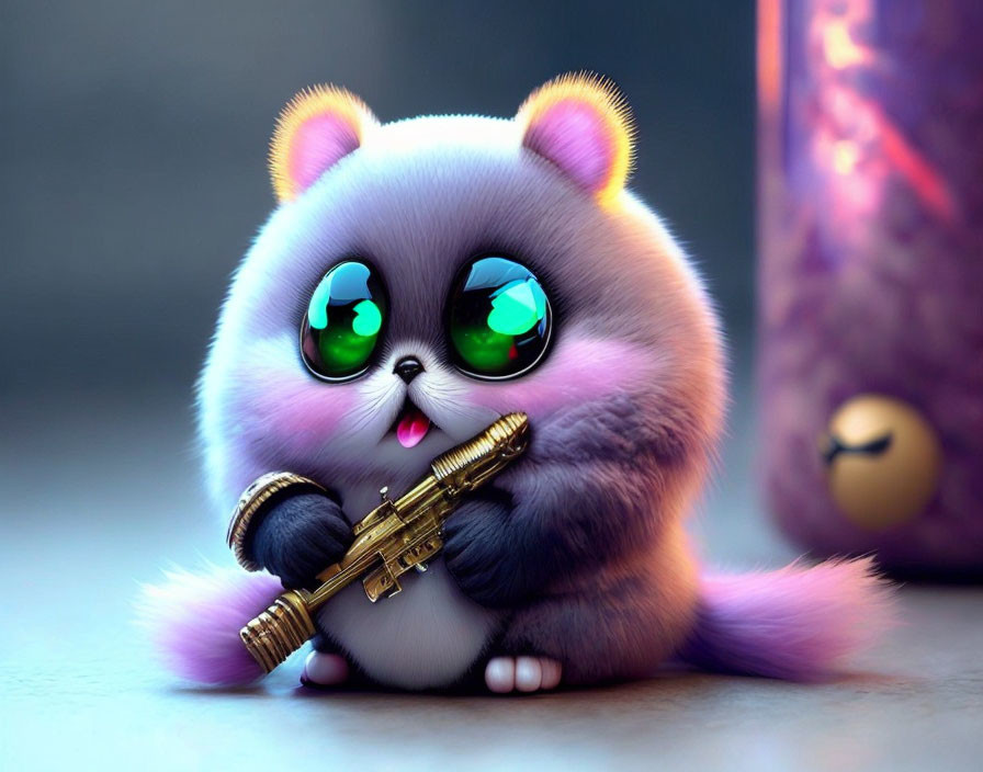 Fluffy animated creature with green eyes holding saxophone beside purple jar