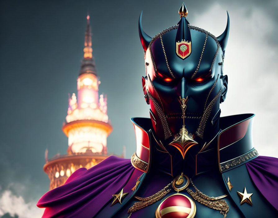 Dark ornate helmet with red eyes in royal purple cloak against illuminated tower