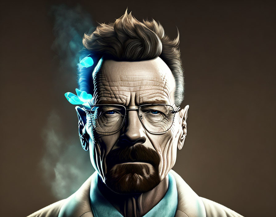 Digital portrait: stern man with glasses, goatee, blue butterfly, smoke background