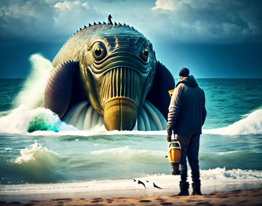 Gigantic fantastical fish with human on top emerges from sea on dramatic beach.