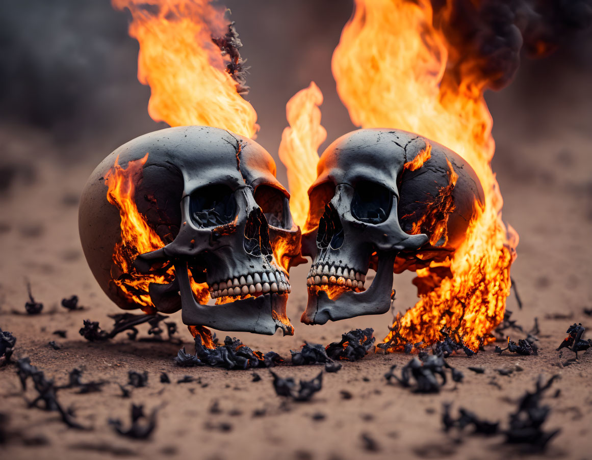 Burning skulls in fiery confrontation on sandy backdrop