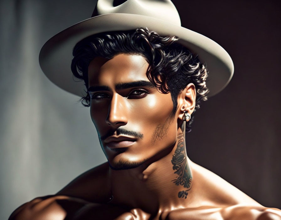 Man with Sculpted Jawline, Hat, Hoop Earring, and Tattoo Illustration