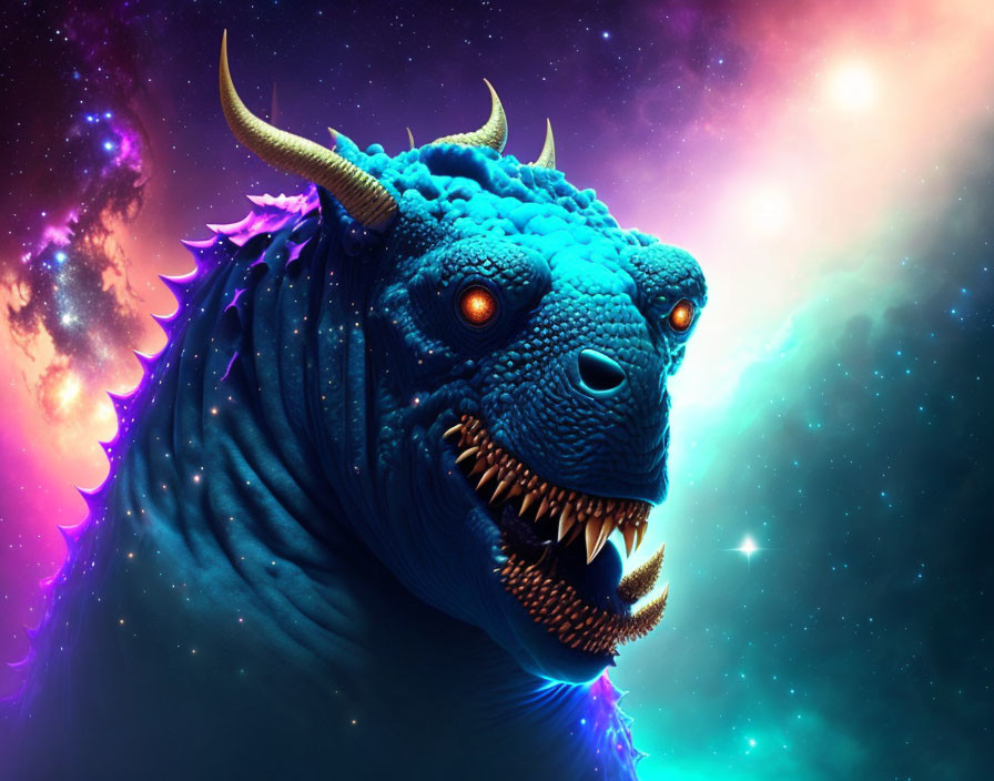 Blue dragon-like creature with glowing eyes in cosmic setting