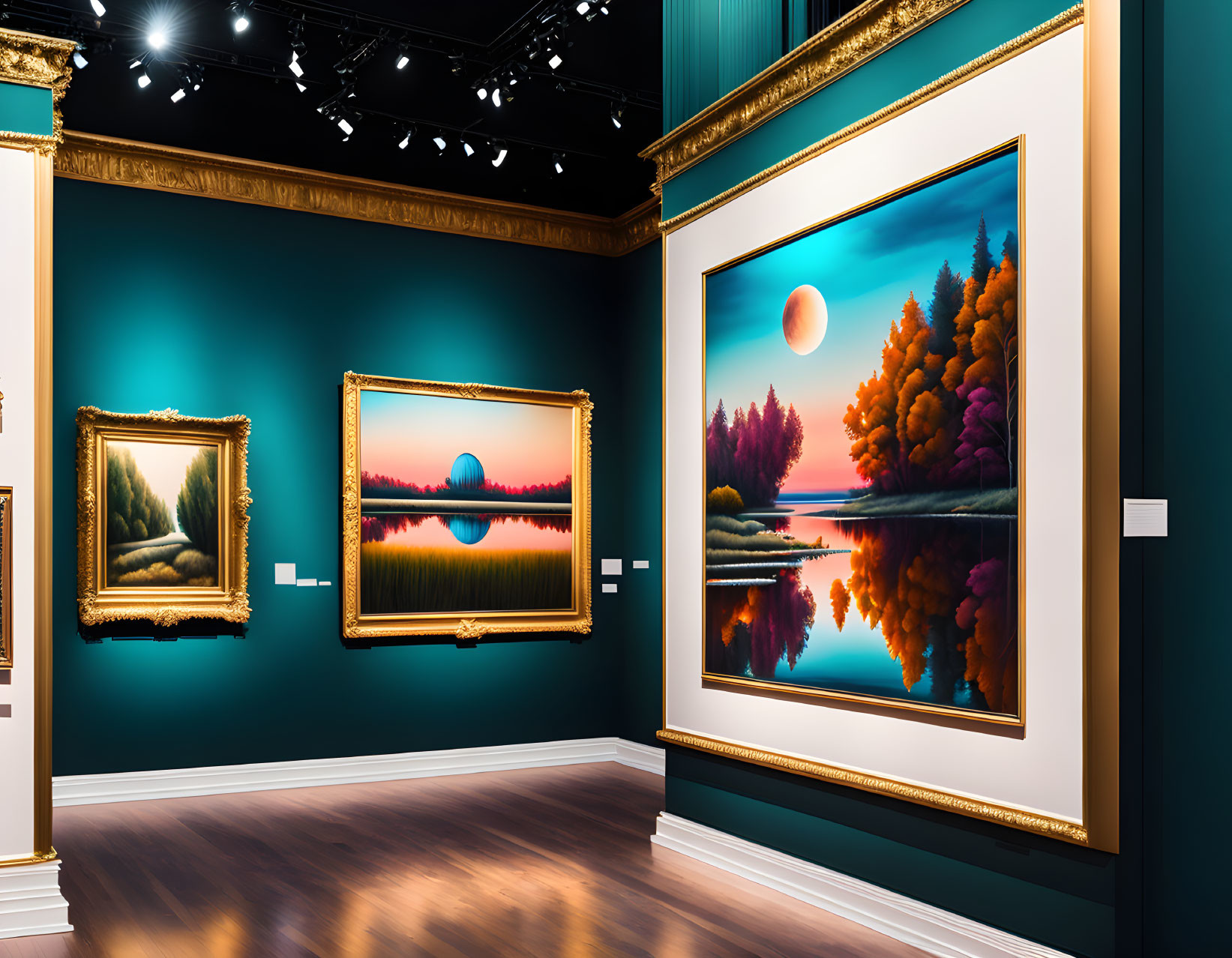 Vibrant landscape paintings on teal walls with golden frames