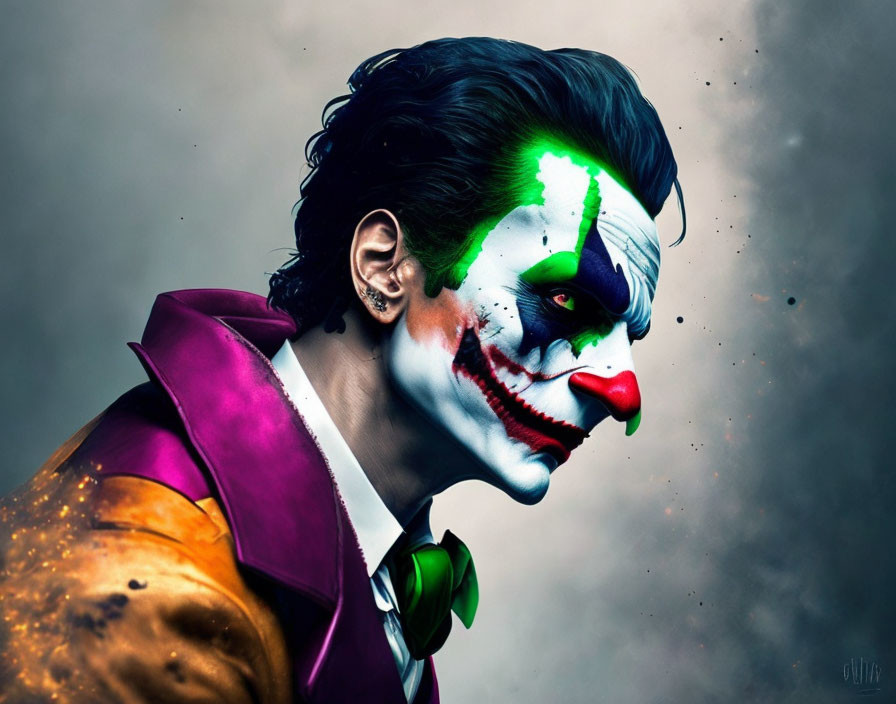 Profile of person with dramatic clown makeup in green, white, and red against smoky background