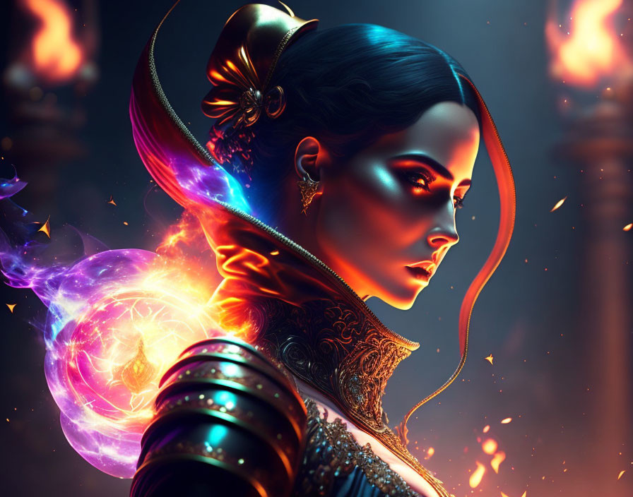 Digital artwork of woman in elaborate armor with fiery blue glows and energy orb.