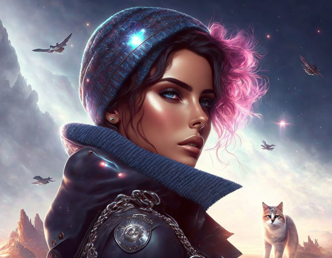 Digital artwork: Woman with pink hair and blue beanie in cosmic scene with cat and birds