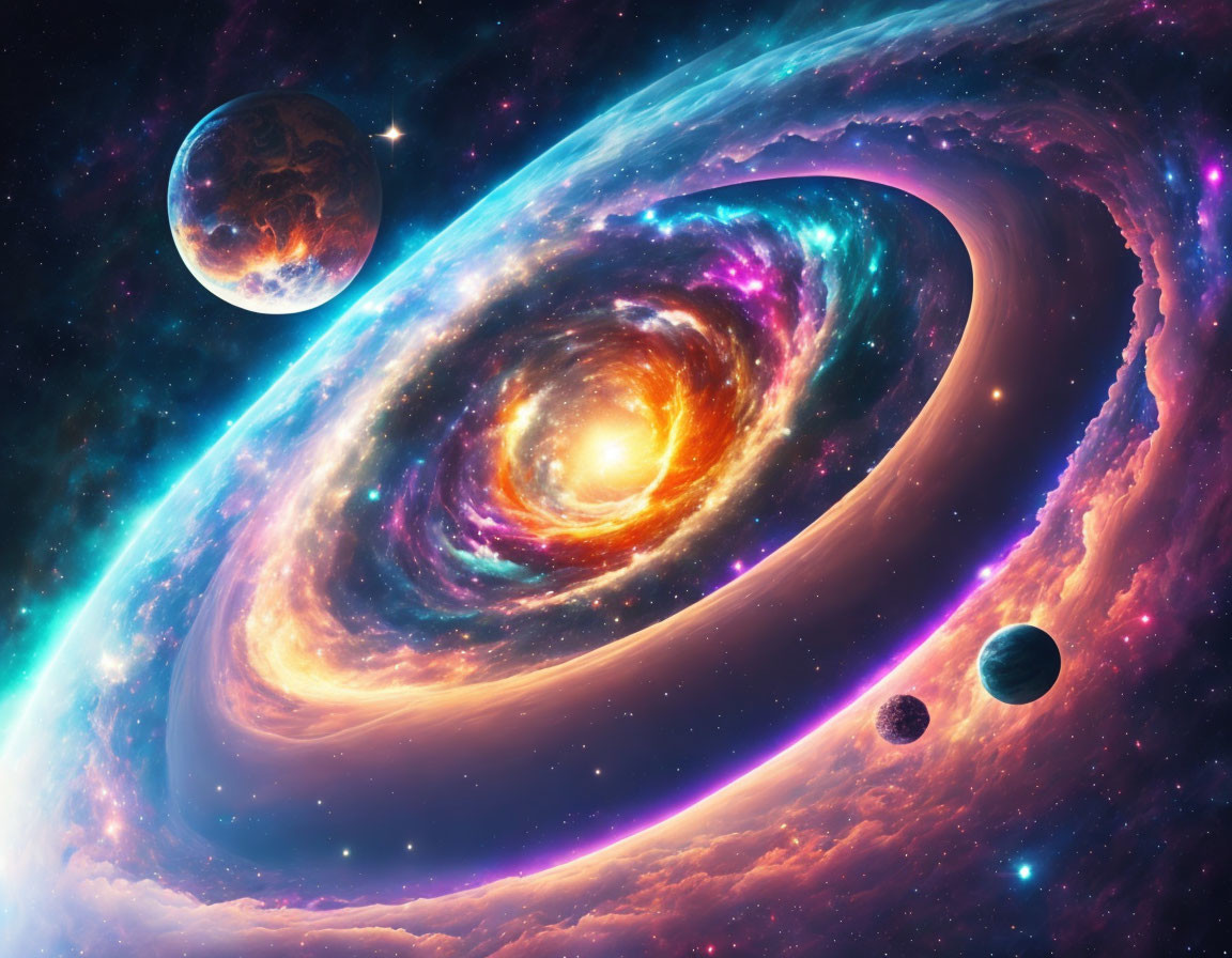 Colorful Spiral Galaxy Artwork with Planets and Starry Sky