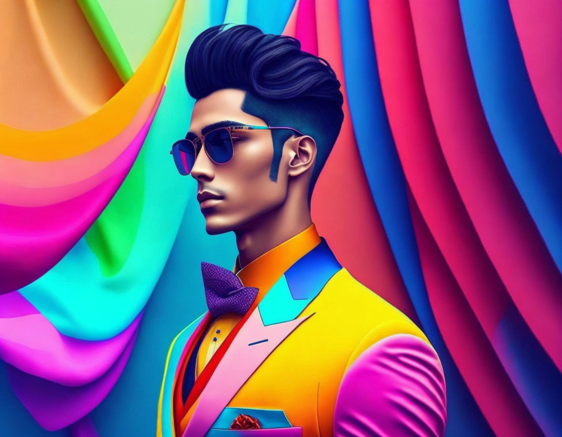 Colorful digital artwork: man with pompadour, sunglasses, and stylish suit on wavy background