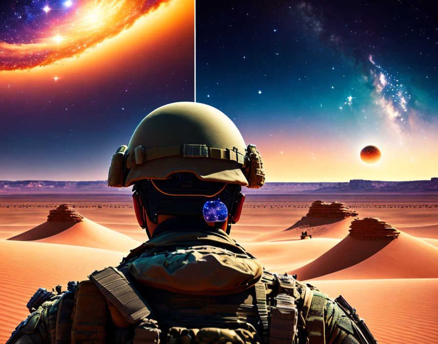 Futuristic astronaut observing split sky over desert landscape