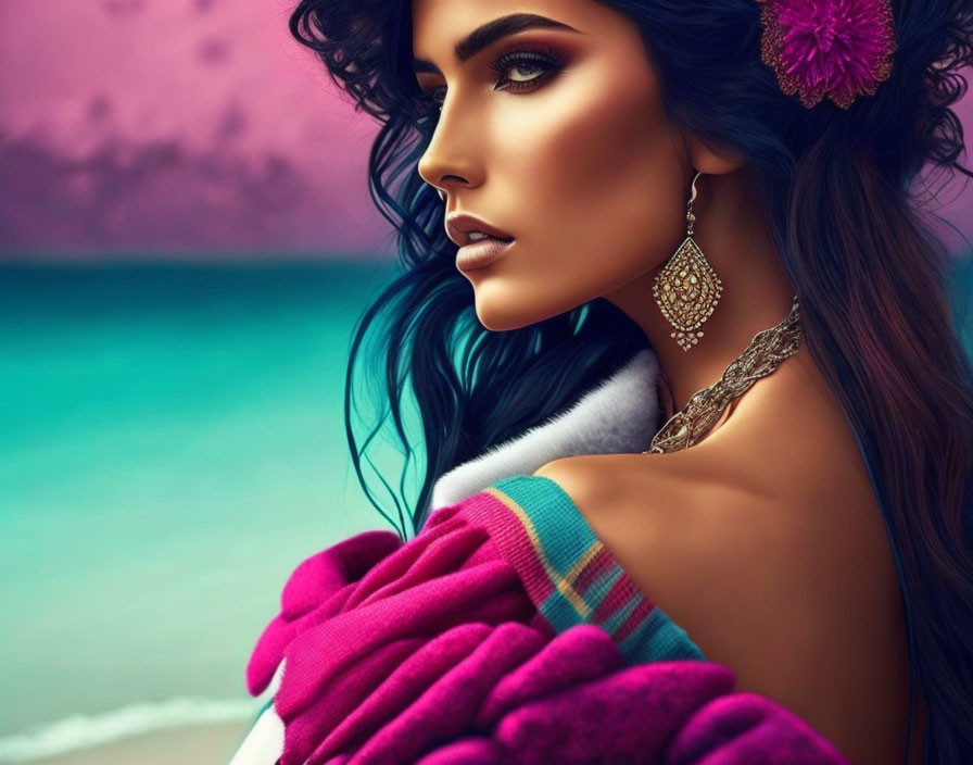 Woman with colorful makeup and flower in hair by turquoise sea.