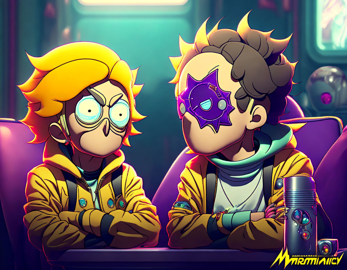 Exaggerated animated characters in futuristic setting with purple mask and yellow jackets