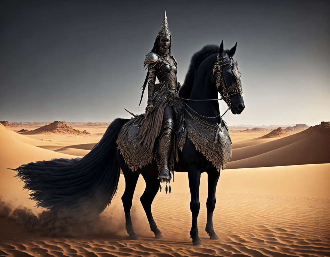 Elaborately armored warrior on majestic black horse in vast desert landscape