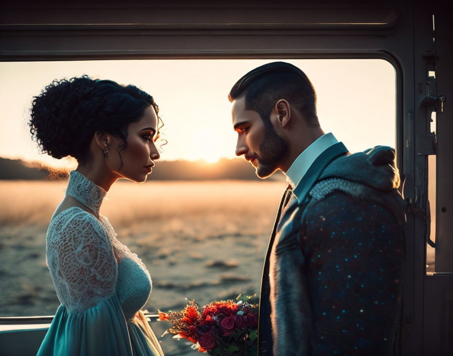 Couple in Suit and Blue Dress Embrace at Sunset