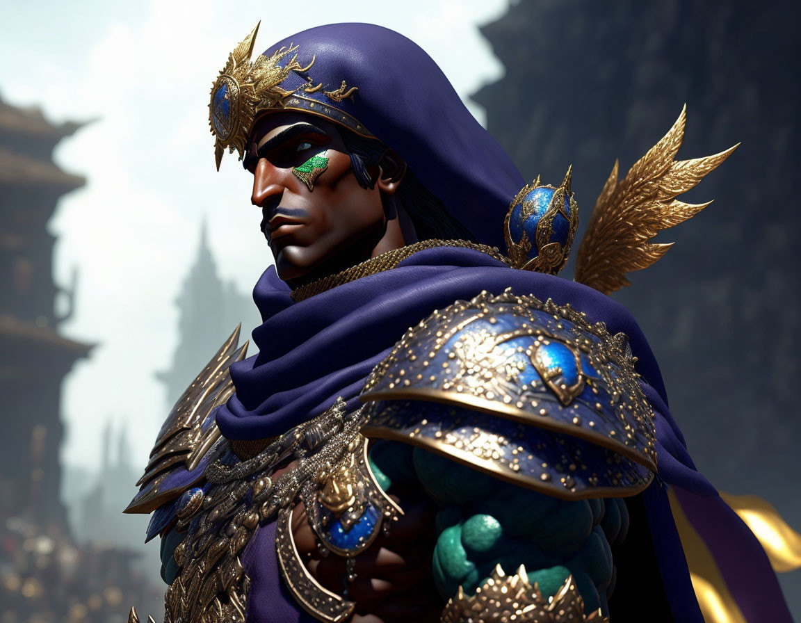 Regal figure in blue and gold armor with purple cape and golden wing crest.