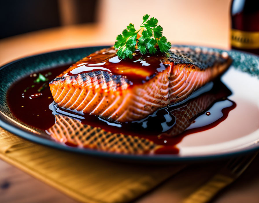 Grilled Salmon Fillet with Parsley and Soy Glaze on Wooden Table