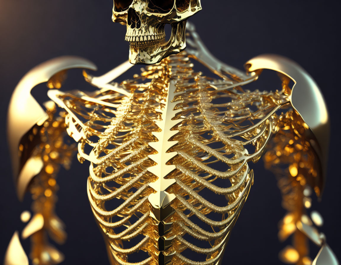 Detailed Close-Up of Golden 3D Human Skeleton Rib Cage & Spine