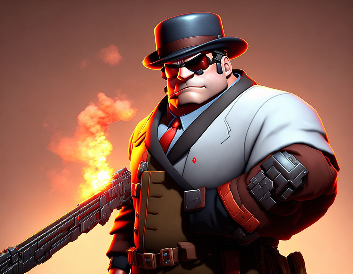 Stylized 3D character with red hat and firearm in smoky background