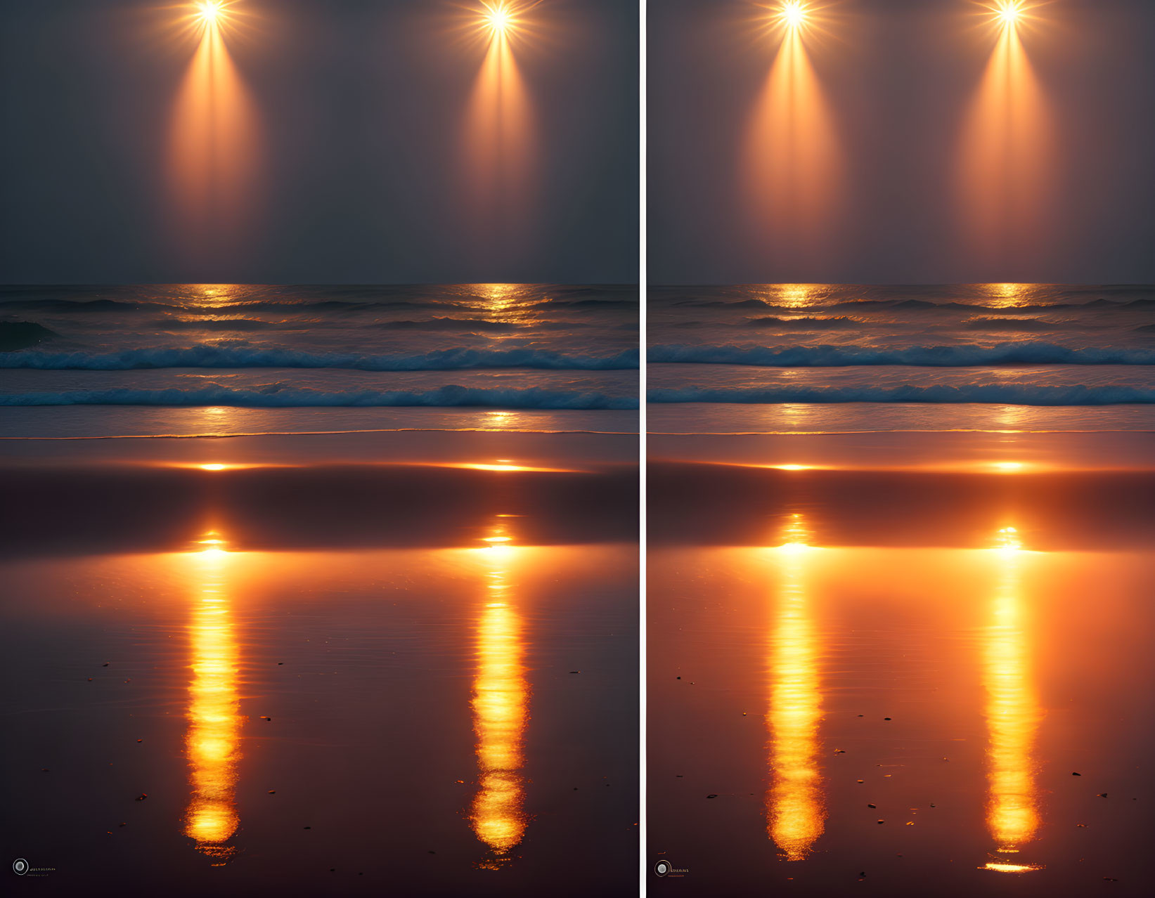 Sunset images with golden reflection on ocean and wet sand under hazy sky