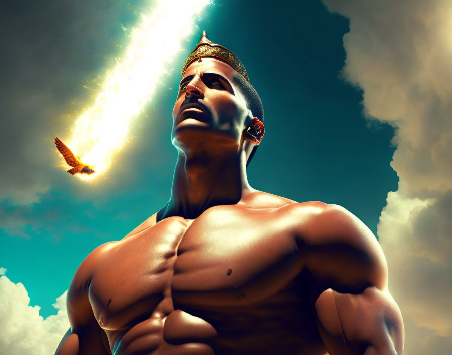 Muscular man with crown gazes under blue sky with bird and sunbeam.