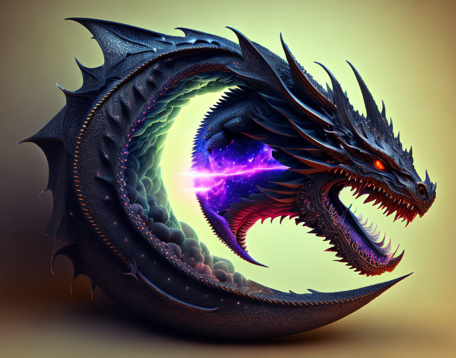 Detailed digital illustration: fierce black dragon with sharp scales, large horns, red eyes, exhaling energy