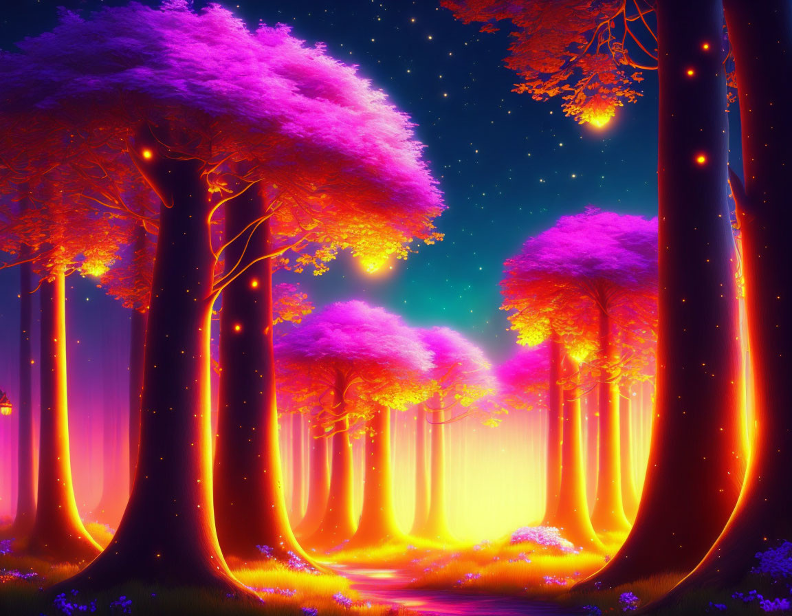 Magenta foliage and glowing trees in fantasy forest