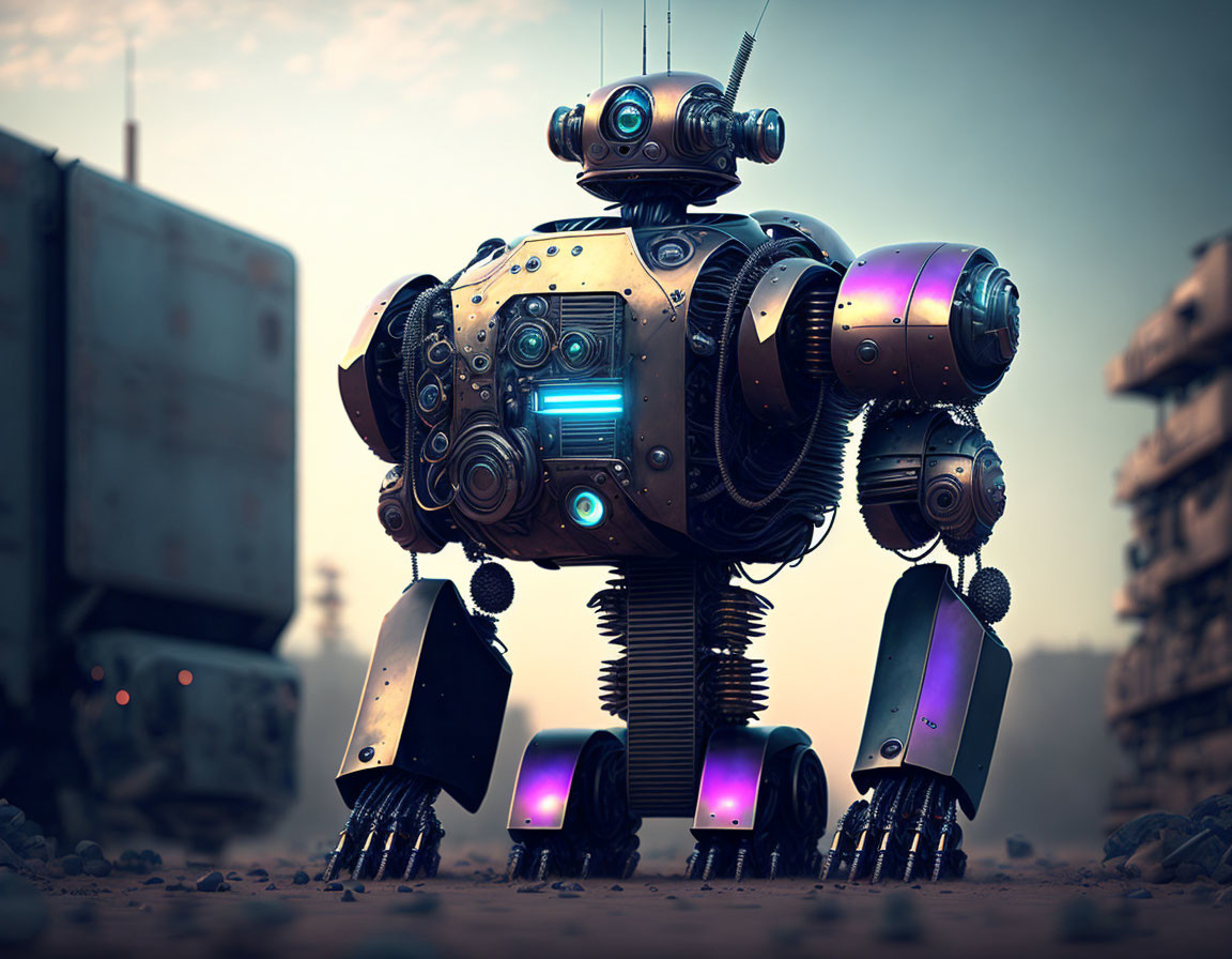 Futuristic robot with round body and antennaed head in desolate landscape