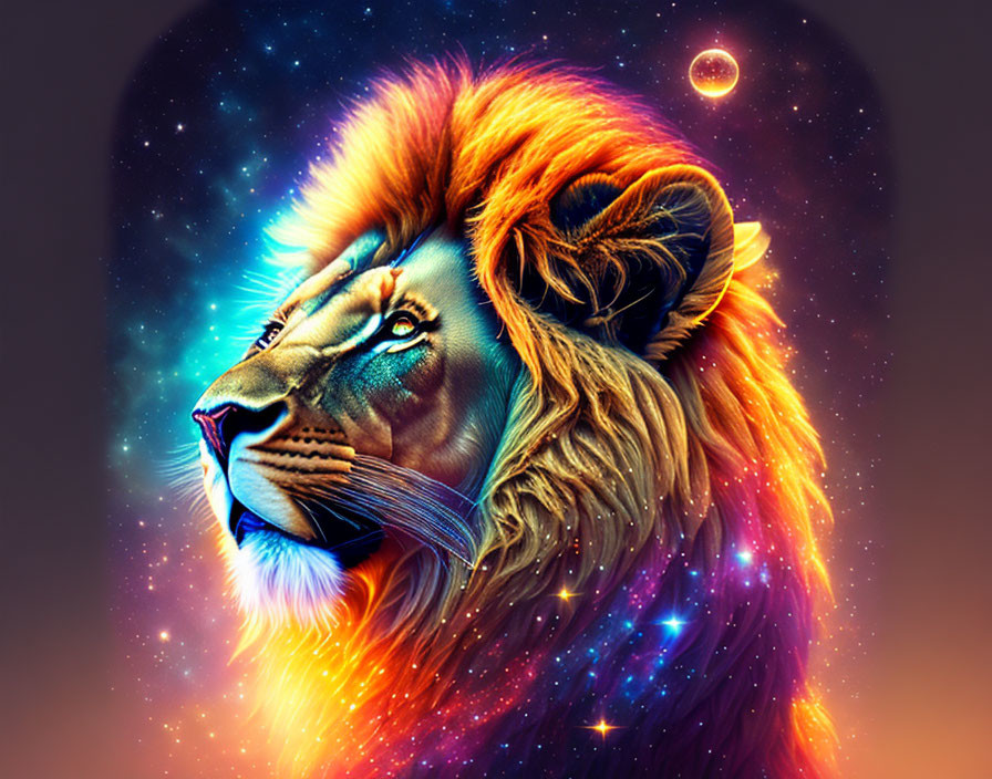 Colorful Lion Artwork with Cosmic Mane in Starry Space Background