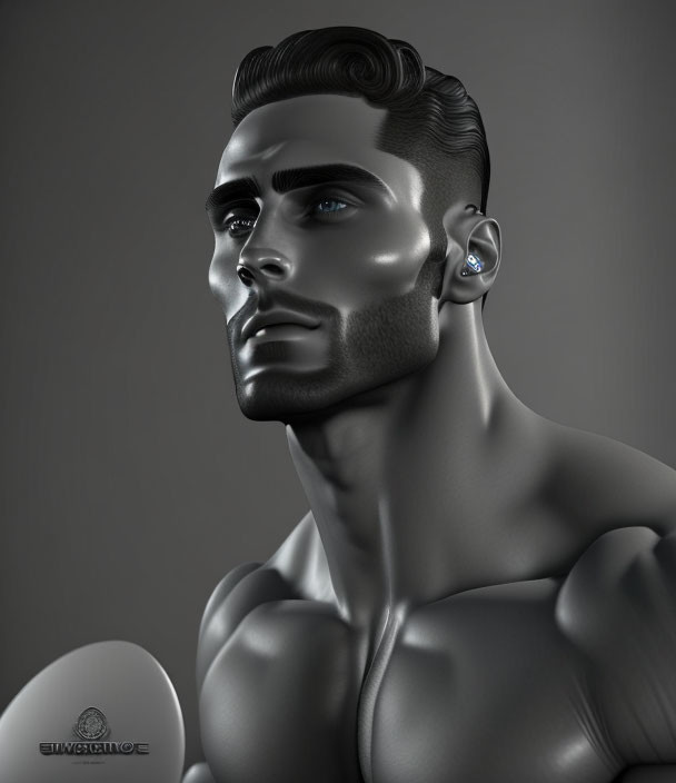 Monochrome 3D rendering of muscular man with styled hair, beard, and earpiece